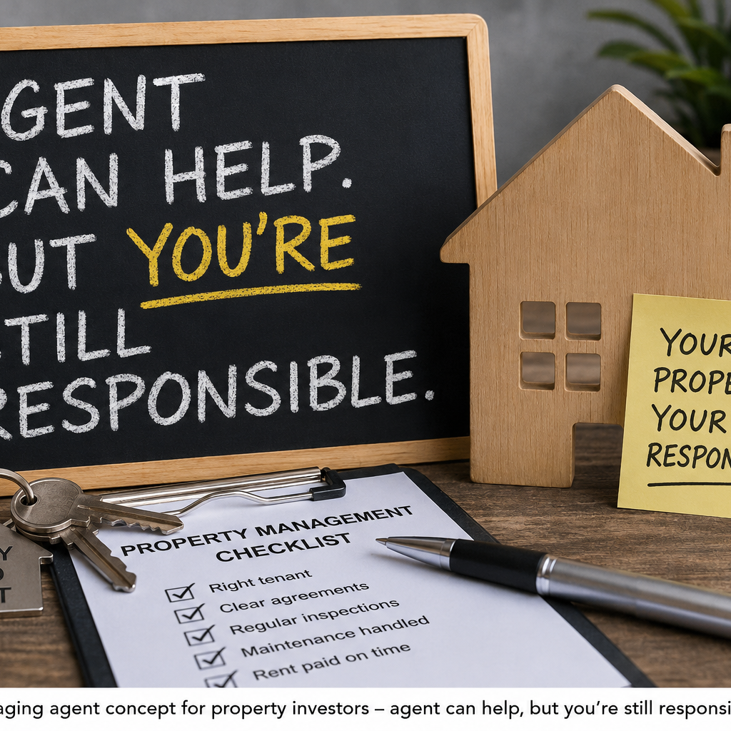 Property management graphic showing a chalkboard message that an agent can help but the investor is still responsible, alongside a wooden house model, buy-to-let keys and a property management checklist on a desk