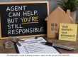 Property management graphic showing a chalkboard message that an agent can help but the investor is still responsible, alongside a wooden house model, buy-to-let keys and a property management checklist on a desk