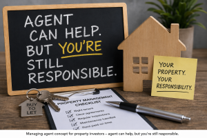 Property management graphic showing a chalkboard message that an agent can help but the investor is still responsible, alongside a wooden house model, buy-to-let keys and a property management checklist on a desk