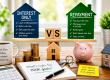 Interest only versus repayment mortgage comparison for buy-to-let investors, shown with a bright desk scene, house icons, cash flow notes, calculator, coins and a model property