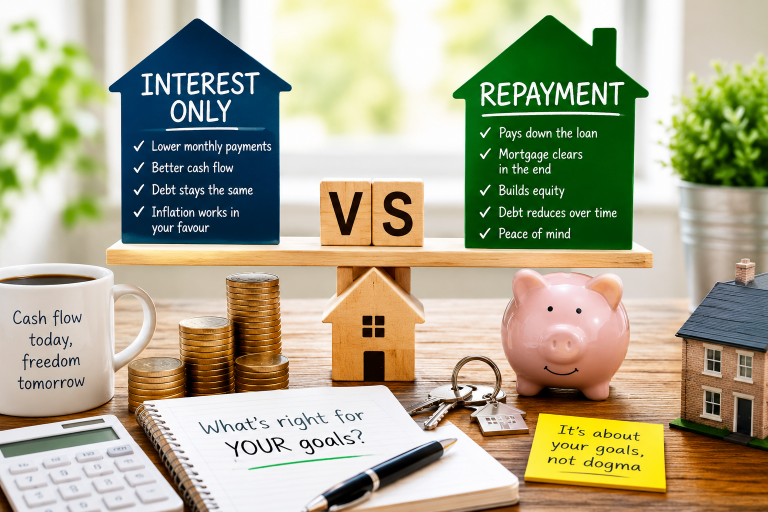 Interest only versus repayment mortgage comparison for buy-to-let investors, shown with a bright desk scene, house icons, cash flow notes, calculator, coins and a model property