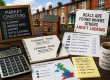 Property deal sourcing graphic with UK terraced houses, a model home, checklist, calculator and notes about adapting your tactics to changing market conditions in order to find better deals