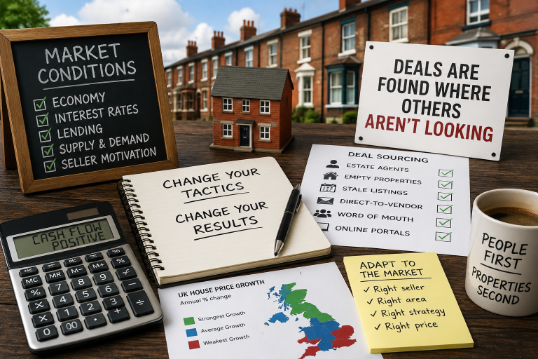 Property deal sourcing graphic with UK terraced houses, a model home, checklist, calculator and notes about adapting your tactics to changing market conditions in order to find better deals