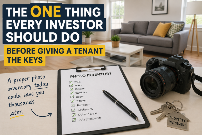 A bright rental property interior with a camera, keys and a photo inventory checklist, showing why every investor should document a property properly before giving a tenant the keys