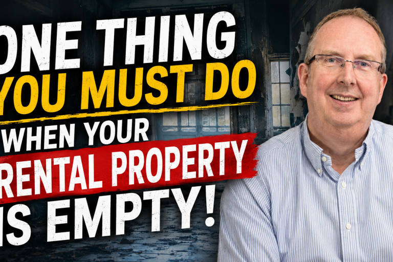 Image showing Peter Jones beside a dark, empty property interior, with bold text warning about the one thing you must do when your rental property is empt