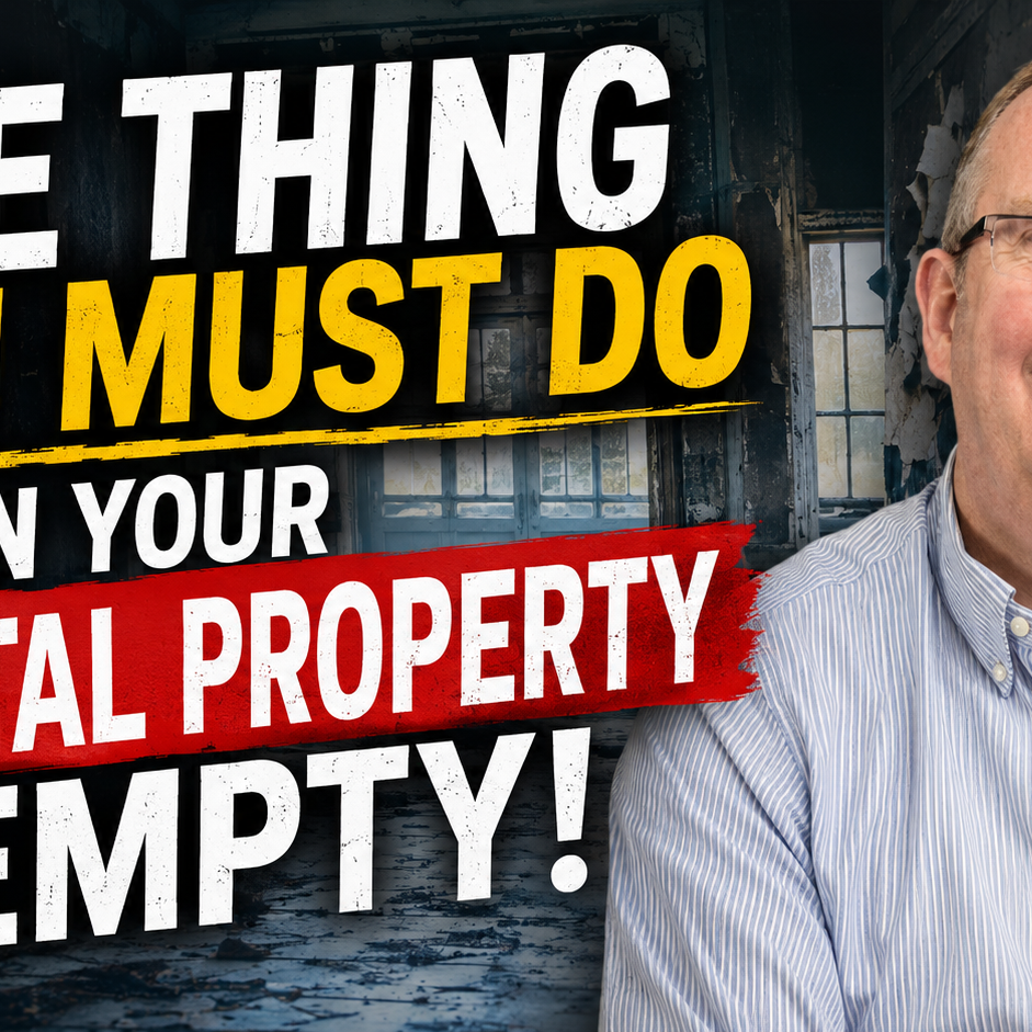 ChatGPT Image One thing you must do when your rental property is empty Image showing Peter Jones beside a dark, empty property interior, with bold text warning about the one thing you must do when your rental property is empt