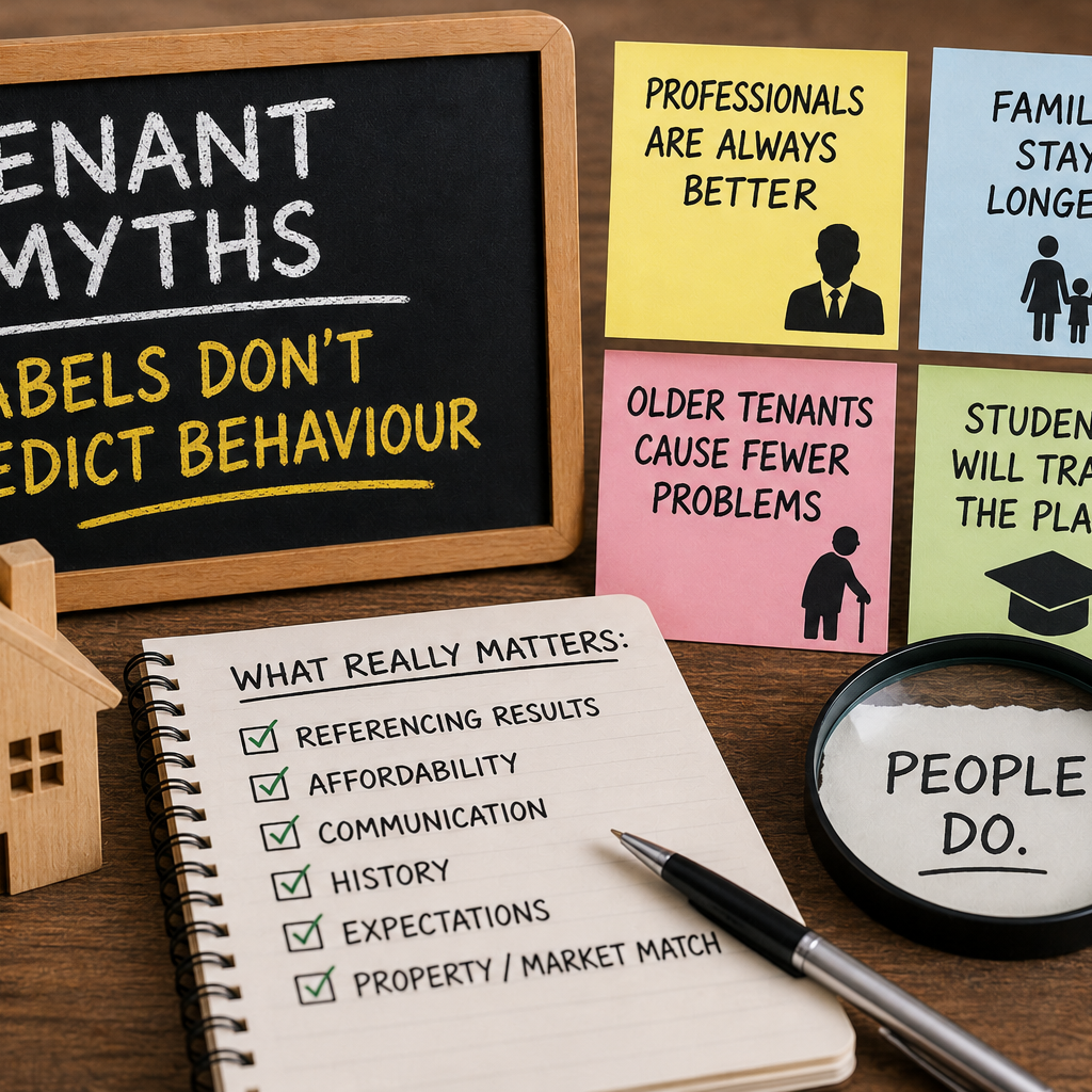 Property investing graphic about tenant myths, showing stereotype labels like professionals, families, older tenants and students alongside a checklist of what really matters, including referencing, affordability, communication, history and property-market