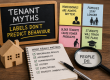 Property investing graphic about tenant myths, showing stereotype labels like professionals, families, older tenants and students alongside a checklist of what really matters, including referencing, affordability, communication, history and property-market