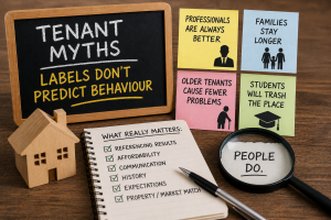 Property investing graphic about tenant myths, showing stereotype labels like professionals, families, older tenants and students alongside a checklist of what really matters, including referencing, affordability, communication, history and property-market