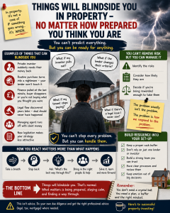 Property investing graphic showing unexpected risks and setbacks, with storm clouds, warning notes and examples of deals going wrong, alongside practical reminders about buffers, due diligence, staying calm and solving problems when property blindsides you