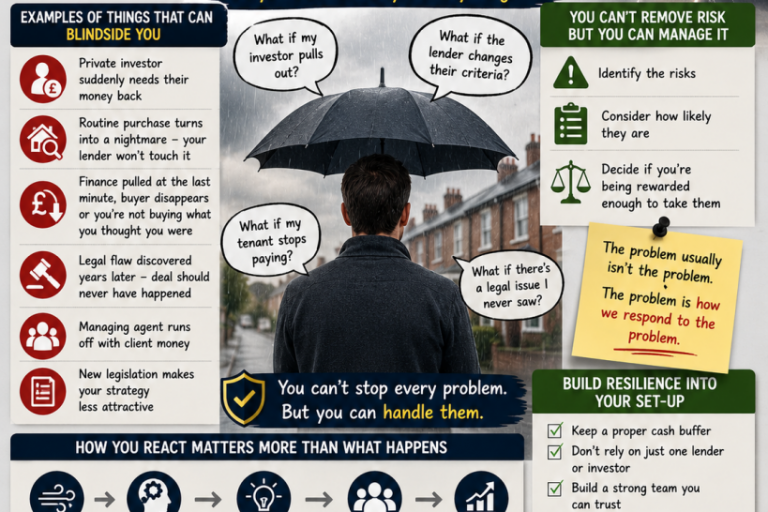 Property investing graphic showing unexpected risks and setbacks, with storm clouds, warning notes and examples of deals going wrong, alongside practical reminders about buffers, due diligence, staying calm and solving problems when property blindsides you