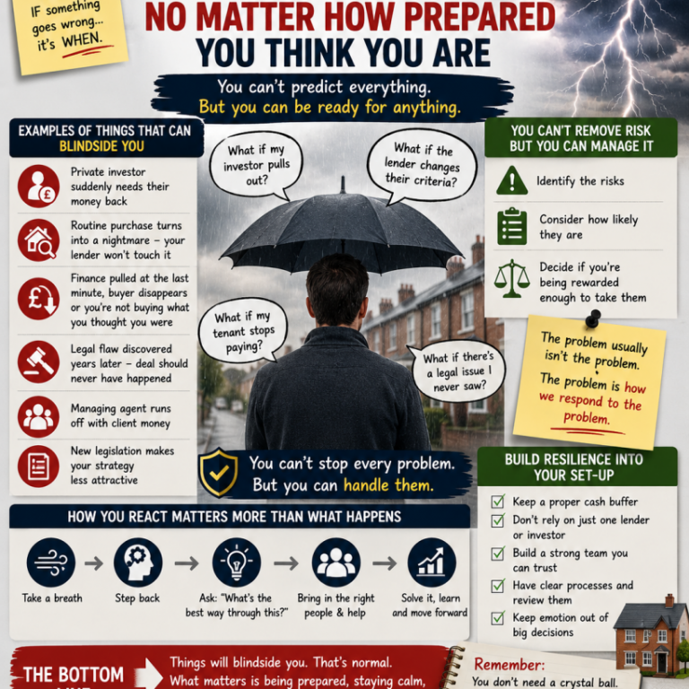 ChatGPT Image Things will blindside you in property Property investing graphic showing unexpected risks and setbacks, with storm clouds, warning notes and examples of deals going wrong, alongside practical reminders about buffers, due diligence, staying calm and solving problems when property blindsides you