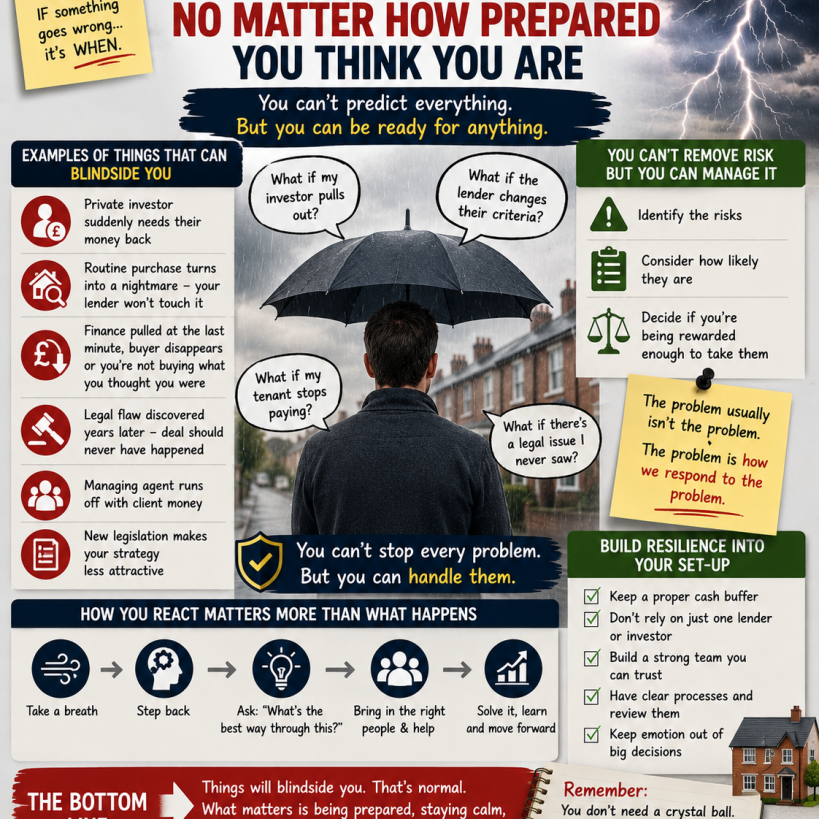Property investing graphic showing unexpected risks and setbacks, with storm clouds, warning notes and examples of deals going wrong, alongside practical reminders about buffers, due diligence, staying calm and solving problems when property blindsides you