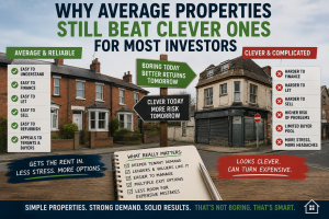 Property investing graphic comparing average, reliable homes with clever, complicated properties, showing why simple, mortgageable houses with strong tenant demand and easier exits often beat quirky or higher-risk deals for most investors