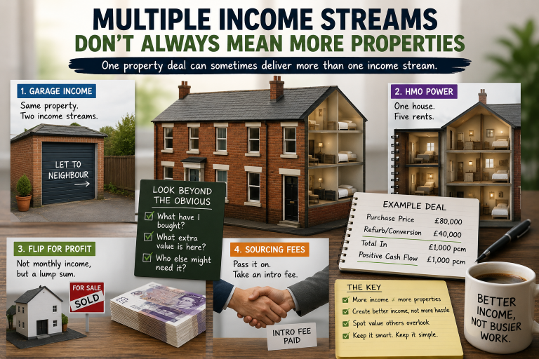 Infographic-style property investing graphic showing how one property can create multiple income streams through garage rent, HMO rooms, flip profit and sourcing fees, with a central house image, example figures and notes about spotting extra value without buying more properties