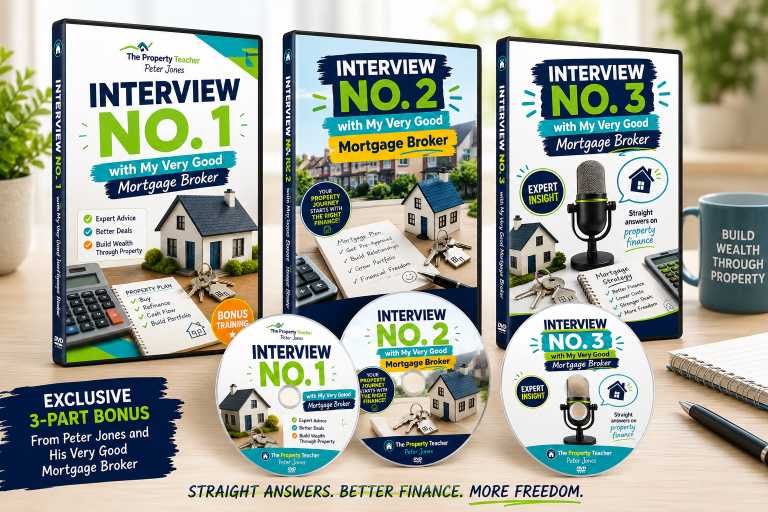 graphic of 3 DVD case and 3 DVD with 3 interviews with my very good buy to let mortgage broker